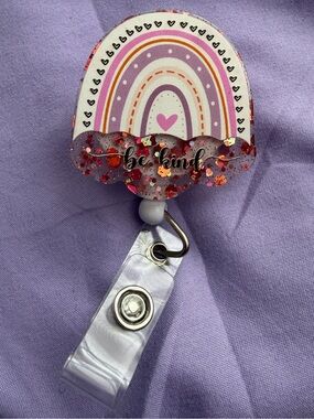 White/Pink/Purple Rainbow with "Be Kind" in Resin Cloud, Retactable Badge Reel